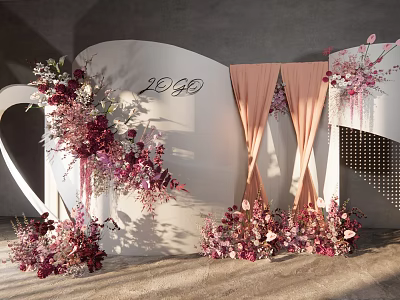 Wedding Backdrop Decoration With 2020 Number Pink Floral Arrangements And Beige Curtains 3d model
