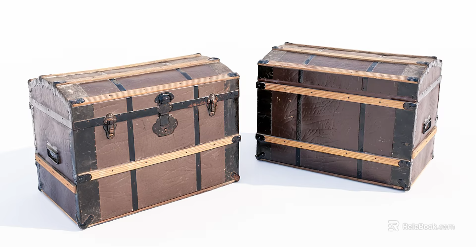 Two Vintage Leather And Wooden Trunks With Metal Hardware Classic Design 3d model 