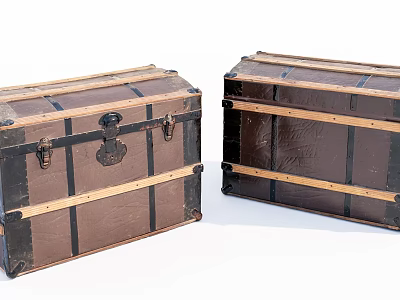Two Vintage Leather And Wooden Trunks With Metal Hardware Classic Design 3d model
