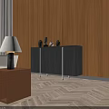 Entryway Cabinet and Side Cabinet with Wooden Panel Wall Table Lamp Decorative Vases Herringbone Floor