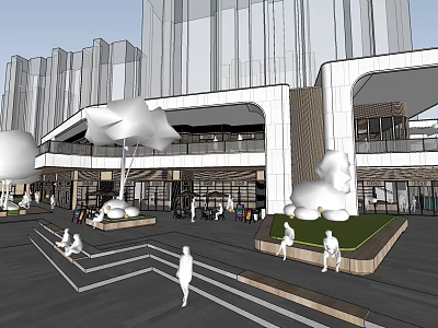 Modern Commercial Building Exterior With Open Plaza Pedestrians Greenery And Cloud Sculptures 3d model