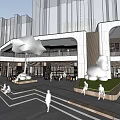 Modern Commercial Building Exterior With Open Plaza Pedestrians Greenery And Cloud Sculptures
