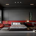 Modern Dark Bedroom With Red Accent Wall Bed Red Chair And Green Plant Rug