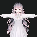Woman With Long Pink Purple Gradient Hair In White Dress Arms Outstretched Black Background