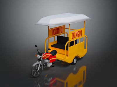 Yellow Three Wheeled Motorcycle With White Canopy Red Lettering And Black Seats 3d model