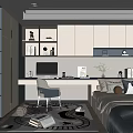 Modern Tatami Bedroom Interior With Writing Desk Chair Built in Cabinets And Decorative Rug
