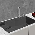 Modern Black Kitchen Sink With Drainer Silver Faucet Marble Backsplash And Fruit Bowl On Countertop