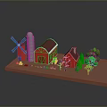 Rural Farm Scene Model With Red Barn Windmill Silos Small House And Green Trees