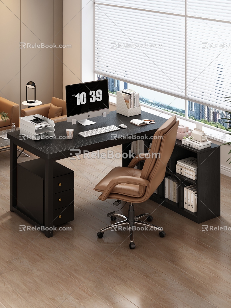 Office Desk Boss Chair Corner Desk Bookshelf Rotating Chair Leather Chair File Box Book Folder Boss Sofa Computer Shutter Window Exterior Draws Paper 3d model