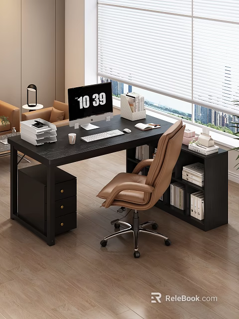 Modern Home Office Desk With Black Surface Computer Monitor Printer Coffee Cup And Brown Office Chair 3d model 