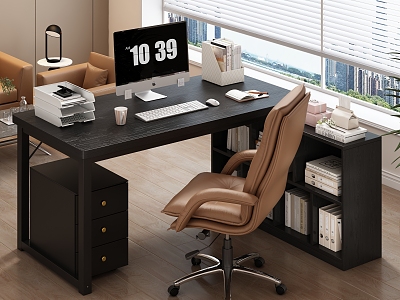 Office Desk Boss Chair Corner Desk Bookshelf Rotating Chair Leather Chair File Box Book Folder Boss Sofa Computer Shutter Window Exterior Draws Paper 3d model