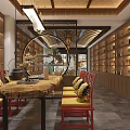 Chinese Style Furniture Store with Red Chairs Wooden Table Display Shelves and Round Cabinet Interior