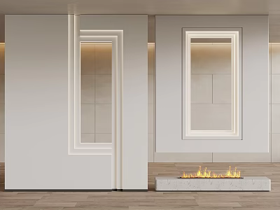 Modern White Partition With LED Strip Lights And Stone Wall Near Fireplace 3d model