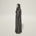 Woman In Gray Abaya With Hijab Holding Red Handbag Against Light Background
