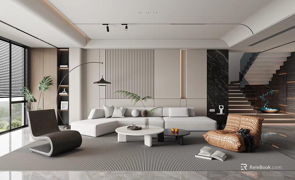 Modern Elegant Living Room Interior With White Sofa Coffee Table Floor Lamp And Marble Wall 3d model 