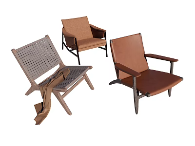 Modern Leisure Chairs with Woven Leather Seats and Sleek Metal Legs Design 3d model