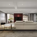 Modern Living Room Interior With White Sectional Sofa Blue Accent Chairs And Glass Coffee Tables