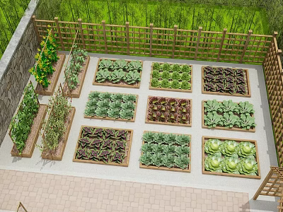 Potted Bonsai Plants In Garden With Wooden Fence And Vegetable Planting Boxes 3d model