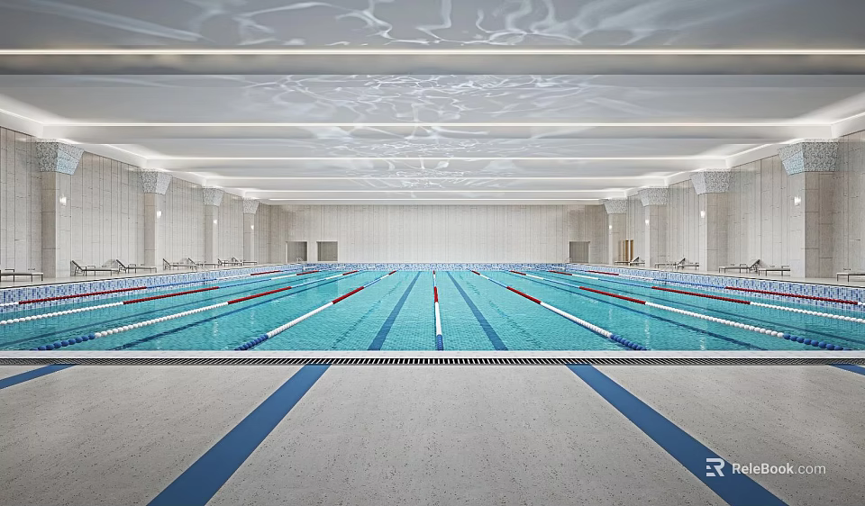 Spacious Indoor Swimming Pool With Lane Dividers Tile Walls And Modern Ceiling Lighting 3d model 
