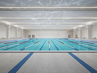 Spacious Indoor Swimming Pool With Lane Dividers Tile Walls And Modern Ceiling Lighting 3d model