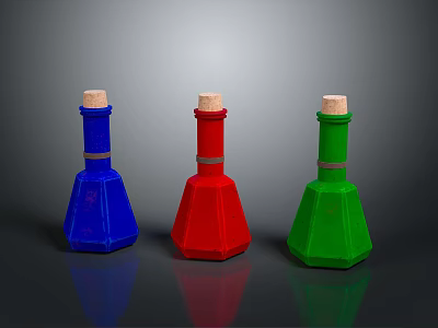 Colorful Conical Bottles With Wooden Corks And Reflections On Gray Background 3d model