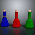 Colorful Conical Bottles With Wooden Corks And Reflections On Gray Background