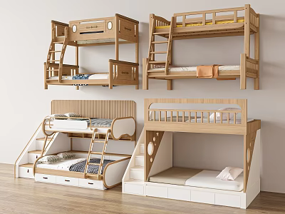 Modern Wooden Bunk Beds With Various Designs Storage Drawers And Ladders For Kids Room 3d model