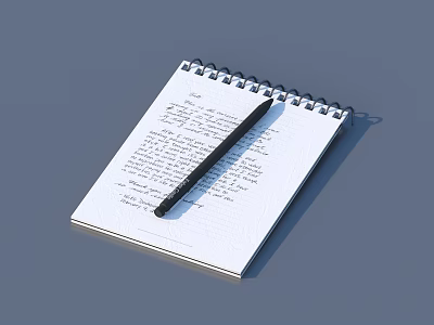 Spiral Bound Notebook With Handwritten Notes And Black Pen On Gray Surface 3d model