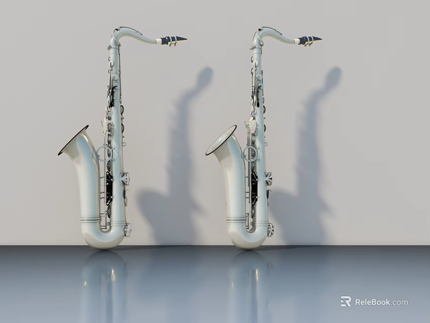 Two White Saxophones Standing Against Wall With Shadows And Reflective Floor 3d model