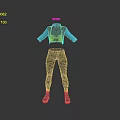 Fashionable Women's Outfit with Black Top Contrast Blue Sleeves Textured Dark Pants and Pink Shoes