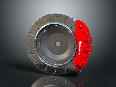 Automotive Brake System Components Including Brembo Red Brake Pad And Silver Disc 3d model