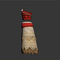 Red And Beige Household Living Item With Decorative Skirt And Tassel Accents