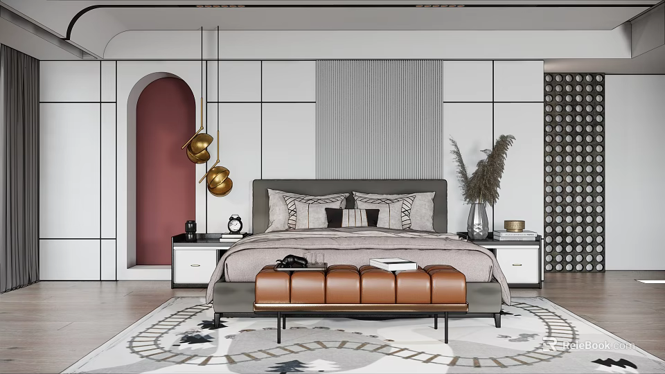 Elegant Modern Double Bed Bedroom Interior With Soft Headboard Nightstands Pendant Lights And Area Rug 3d model 