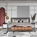 Elegant Modern Double Bed Bedroom Interior With Soft Headboard Nightstands Pendant Lights And Area Rug