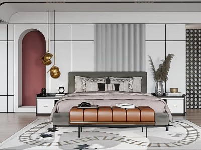 Elegant Modern Double Bed Bedroom Interior With Soft Headboard Nightstands Pendant Lights And Area Rug 3d model