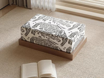 Stylish Stool With Black And White Animal Print Cushion And Wooden Base In Cozy Room 3d model