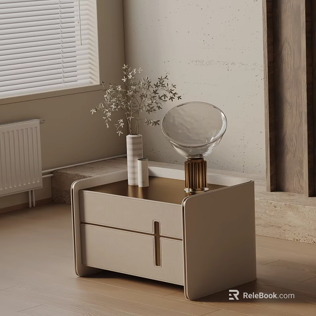 Modern Beige Side Table with Drawers Gold Handles Glass Lampshade White Vase and Dried Flowers 3d model 