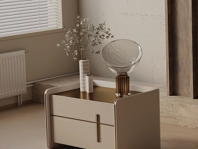 Modern Beige Side Table with Drawers Gold Handles Glass Lampshade White Vase and Dried Flowers 3d model