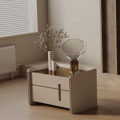 Modern Beige Side Table with Drawers Gold Handles Glass Lampshade White Vase and Dried Flowers 3d model