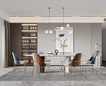 Light Luxury Restaurant Wine Cabinet Dining Table and Chair Combination 3d model