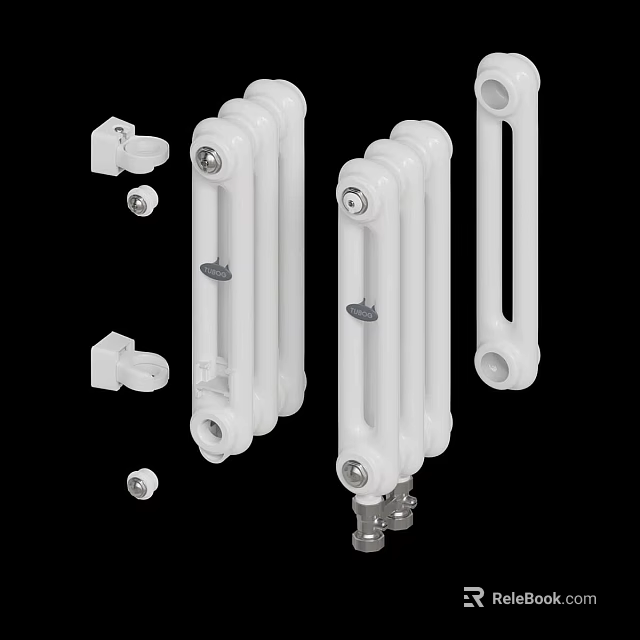 White Heating Radiator With Valves And Connector Components For Home Use 3d model 