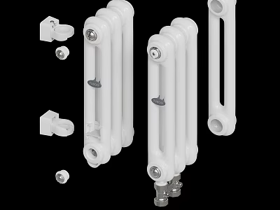 White Heating Radiator With Valves And Connector Components For Home Use 3d model