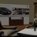 Elegant Showroom Interior With Gray Sofas Small Round Tables Large Screen And Car