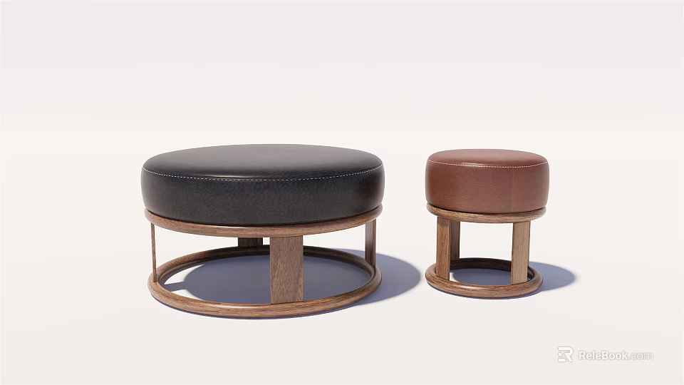 Black And Brown Round Sofa Stools With Leather Seats And Wooden Frames 3d model 