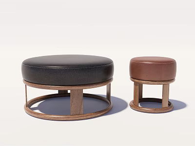 Black And Brown Round Sofa Stools With Leather Seats And Wooden Frames 3d model