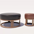 Black And Brown Round Sofa Stools With Leather Seats And Wooden Frames