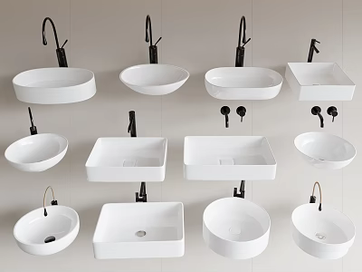 Various Modern Countertop Washbasins with Round and Square Shapes for Bathroom Interior Design 3d model