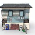 Cartoon Style Japanese Two Story Building With Blue Beige Walls Roller Shutter Door And Signboards