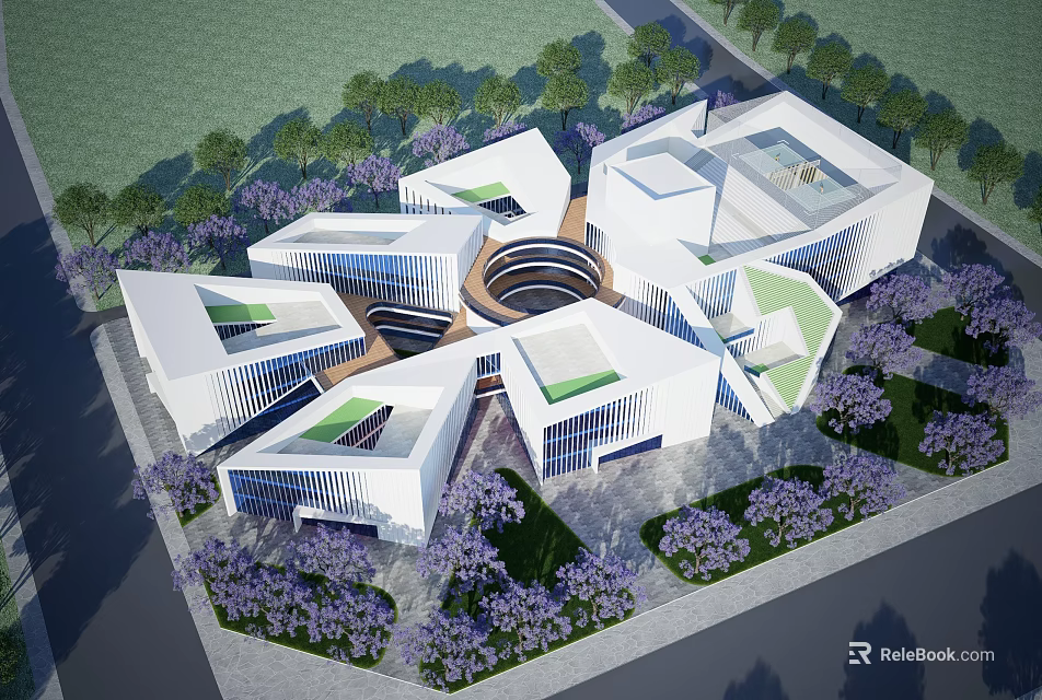 Modern Museum Building with Geometric Architectural Design and Purple Flower Gardens 3d model 