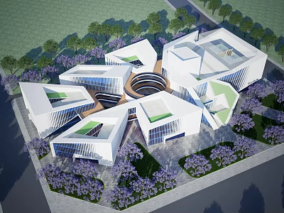 Modern Museum Building with Geometric Architectural Design and Purple Flower Gardens 3d model